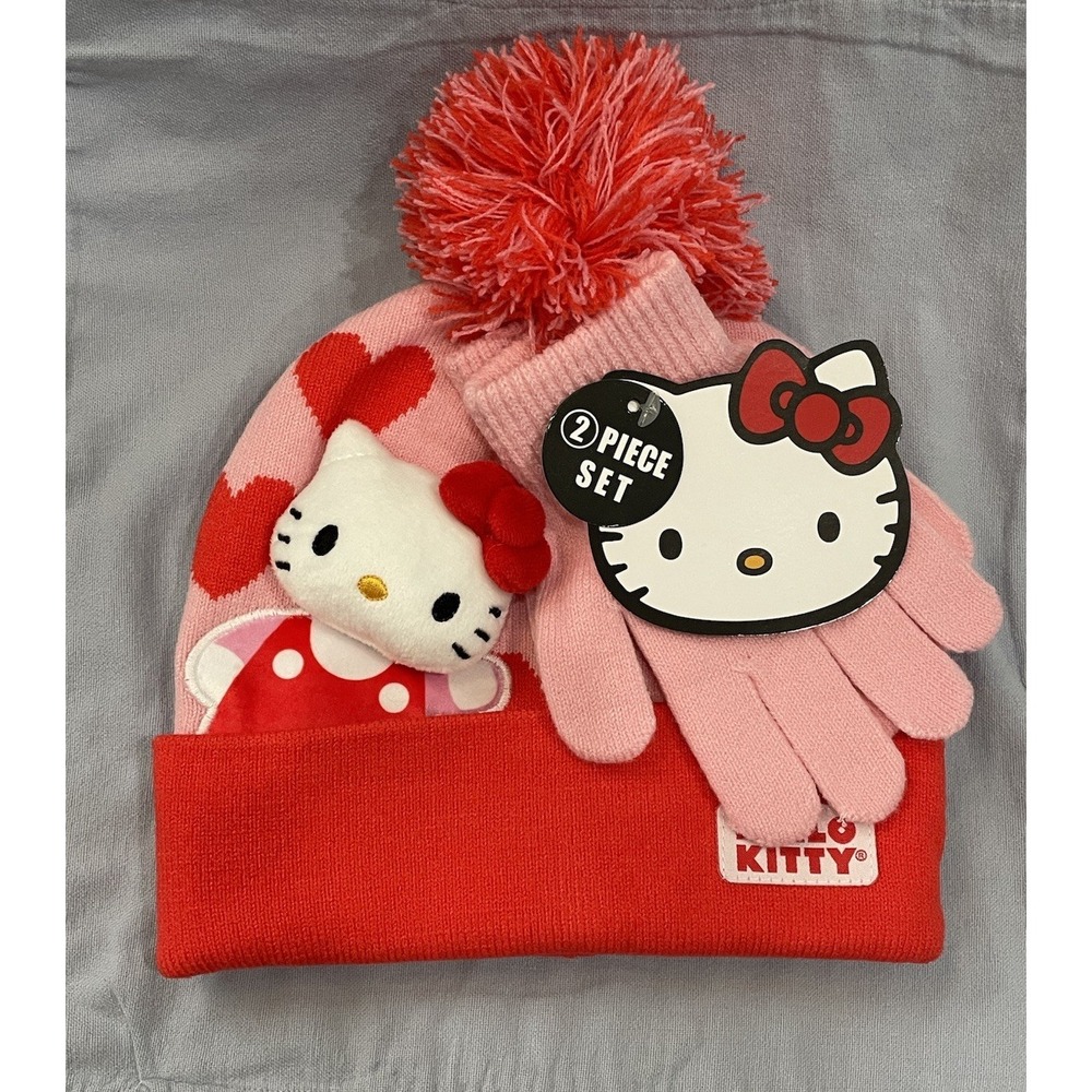 NEW Kid's Pompom Knit Beanie Hat & Gloves - Hello Kitty & Friends Red/Pink Heart